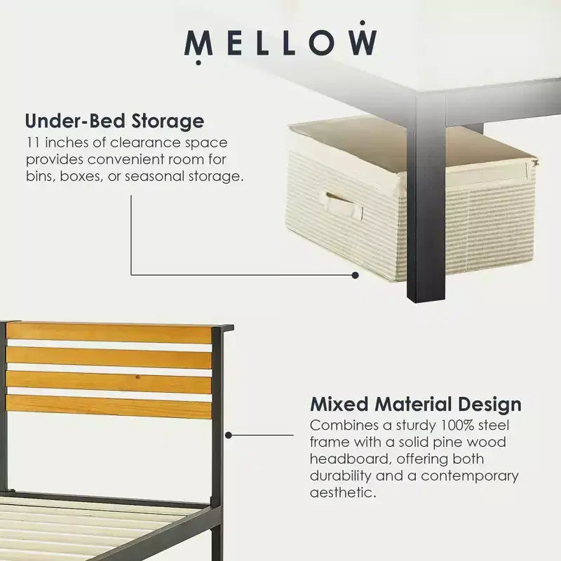 Mellow KASI Metal & Wood Platform Bed Frame with Built-In Headboard Shelf