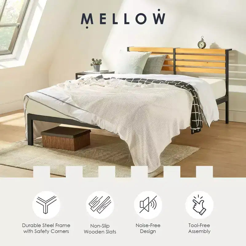 Mellow KASI Metal & Wood Platform Bed Frame with Built-In Headboard Shelf
