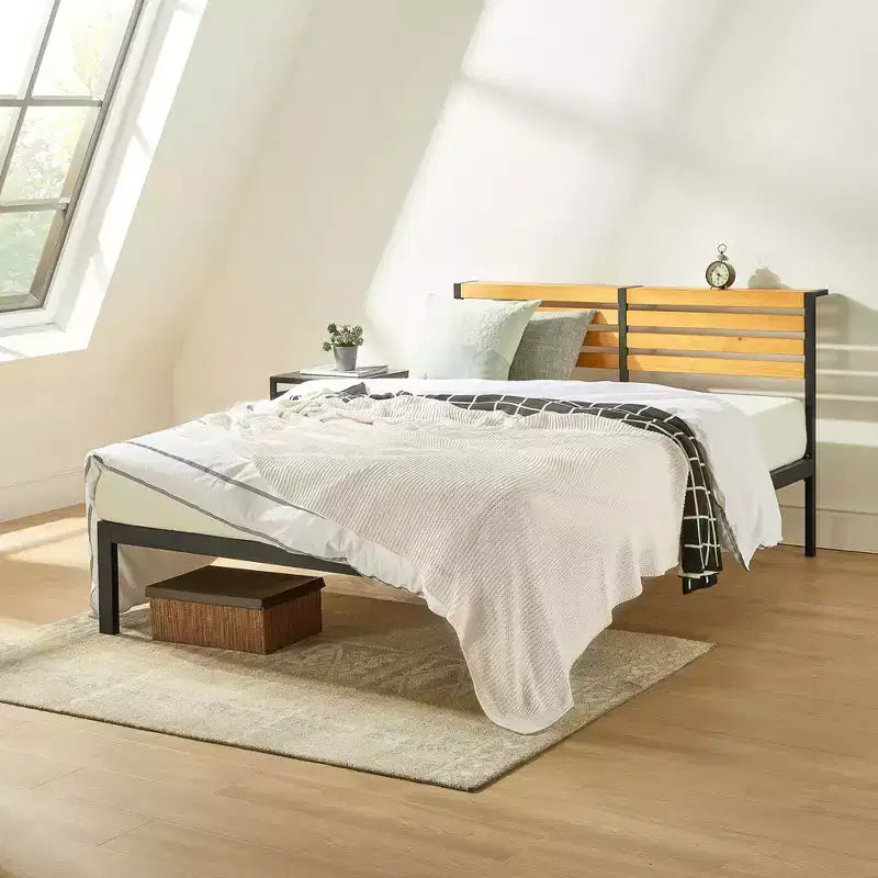 Mellow KASI Metal & Wood Platform Bed Frame with Built-In Headboard Shelf