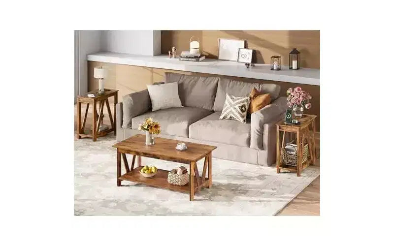 DEXYLLO End Tables Living Room Set of 2 with Charging Station, Sofa Side Tables with Open Storage Shelf, Slim Farmhouse End Table Sets