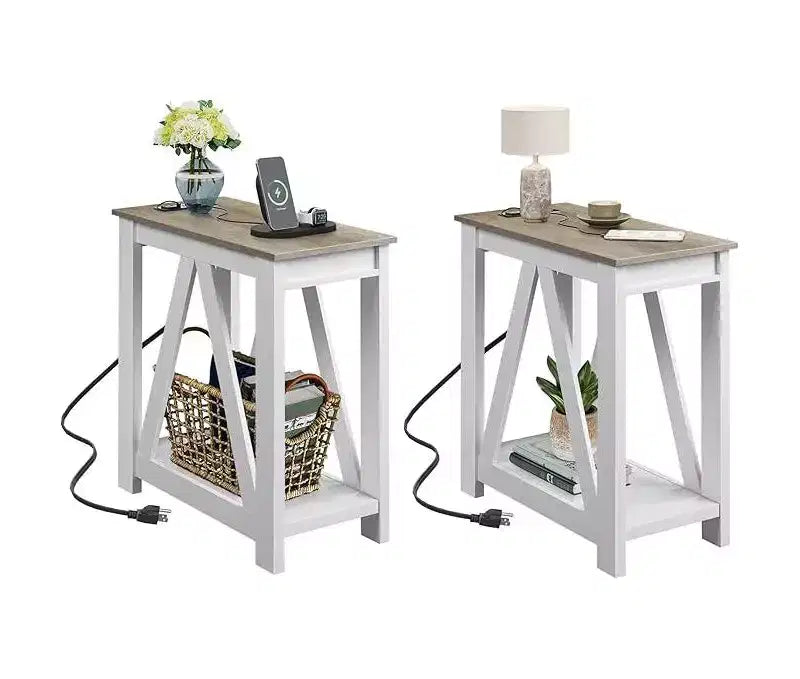 DEXYLLO End Tables Living Room Set of 2 with Charging Station, Sofa Side Tables with Open Storage Shelf, Slim Farmhouse End Table Sets