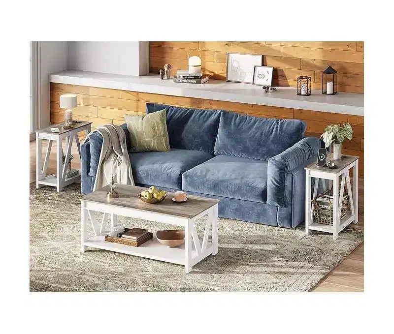 DEXYLLO End Tables Living Room Set of 2 with Charging Station, Sofa Side Tables with Open Storage Shelf, Slim Farmhouse End Table Sets