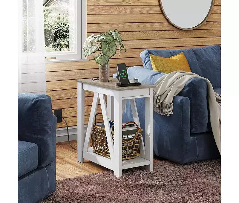 DEXYLLO End Tables Living Room Set of 2 with Charging Station, Sofa Side Tables with Open Storage Shelf, Slim Farmhouse End Table Sets