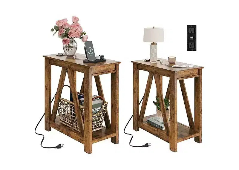 DEXYLLO End Tables Living Room Set of 2 with Charging Station, Sofa Side Tables with Open Storage Shelf, Slim Farmhouse End Table Sets