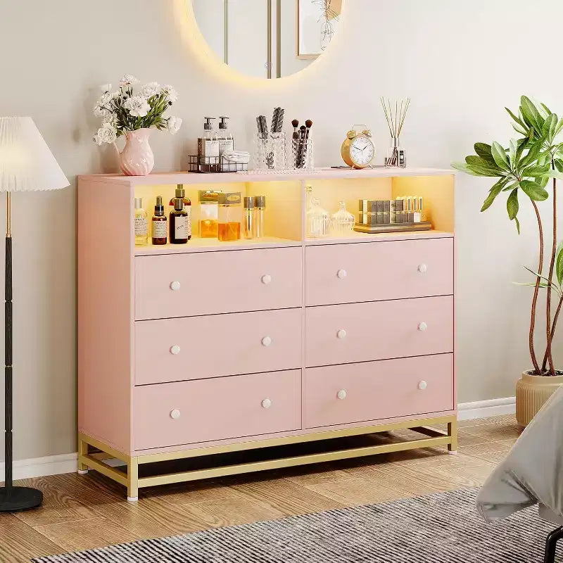 Wide Wood 6-Drawer Dresser w/ Plug-in USB Hub & LED Light, Steel Frame Storage Chest for Living Room, Bedroom, Entryway