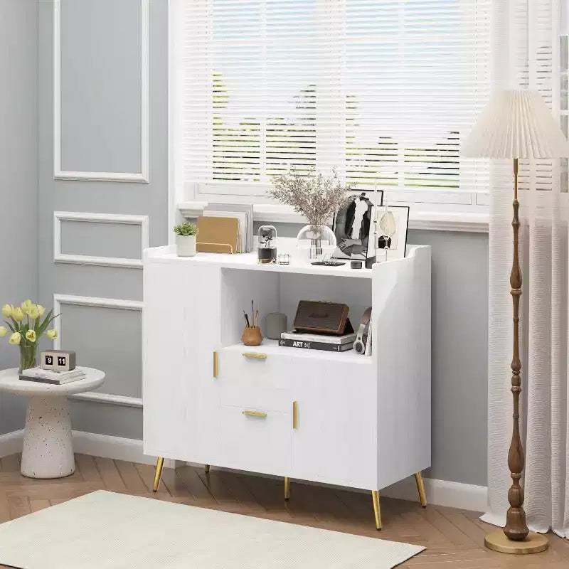 Storage Cabinet, Buffet Cabinet with Shelf, Coffee Bar with 2 Drawers and 2 Doors and Open Storage