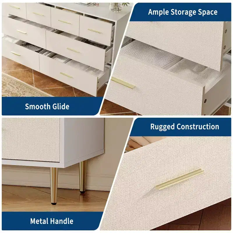 3 Drawer Dresser with Gold Handles and Legs, Wooden Nightstand with Linen-Textured Surface, White Chest of Drawers, Accent Cabinet End Table