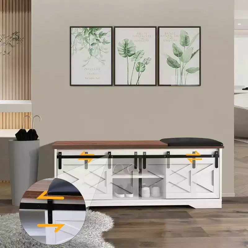 Banc à chaussures Acekool 47 Blanc avec portes coulissantes et coussin, banc de rangement d'entrée de style ferme avec compartiment caché et étagères réglables