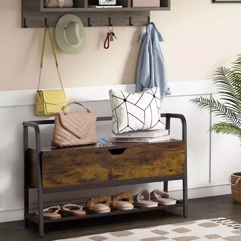 Banc à chaussures Acekool 47 Blanc avec portes coulissantes et coussin, banc de rangement d'entrée de style ferme avec compartiment caché et étagères réglables