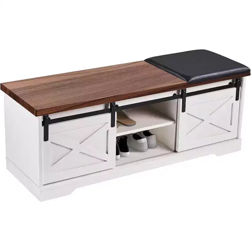Acekool 47 White Shoe Bench with Sliding Doors & Cushion, Farmhouse Entryway Storage Bench with Hidden Compartment and Adjustable Shelves
