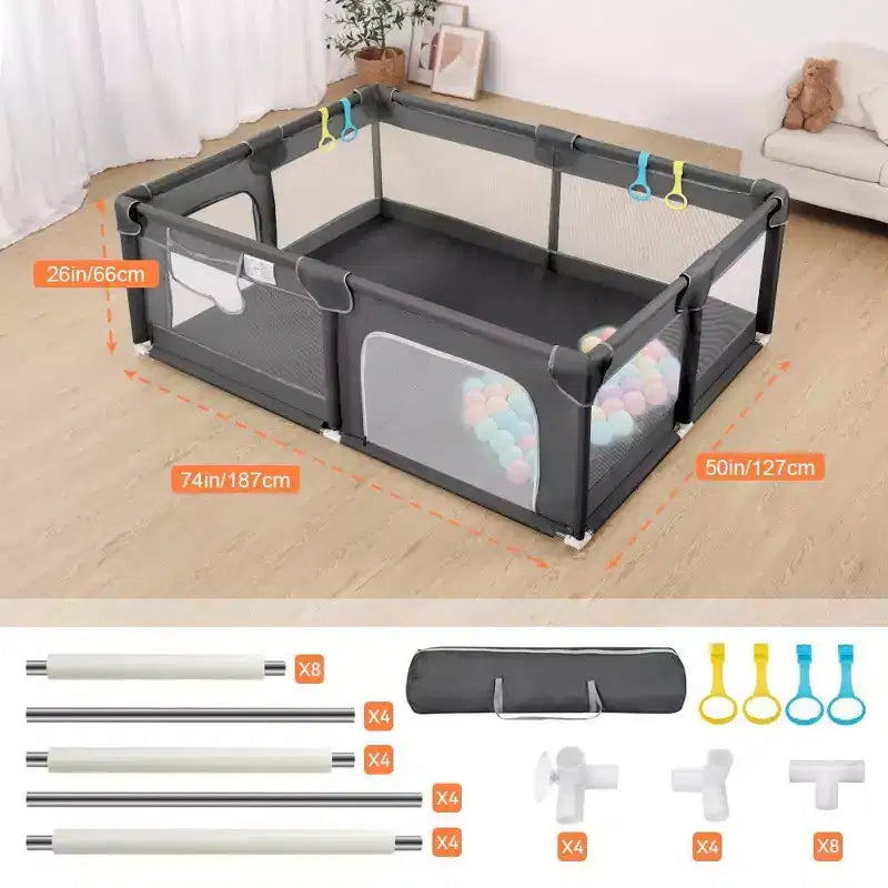 GOTGELIF 74x50 4-Panel Baby Playpen Spacious & Secure Portable Playard