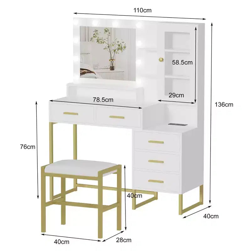 Makeup Vanity with Stool Charging Station, Vanity Desk with Mirror and Lights, Vanity Table Set with Storage Drawers Shelves, Makeup Dressing Table