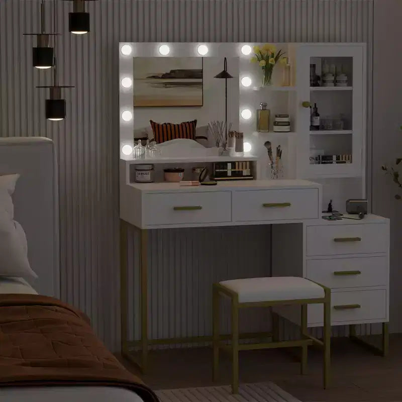 Makeup Vanity with Stool Charging Station, Vanity Desk with Mirror and Lights, Vanity Table Set with Storage Drawers Shelves, Makeup Dressing Table