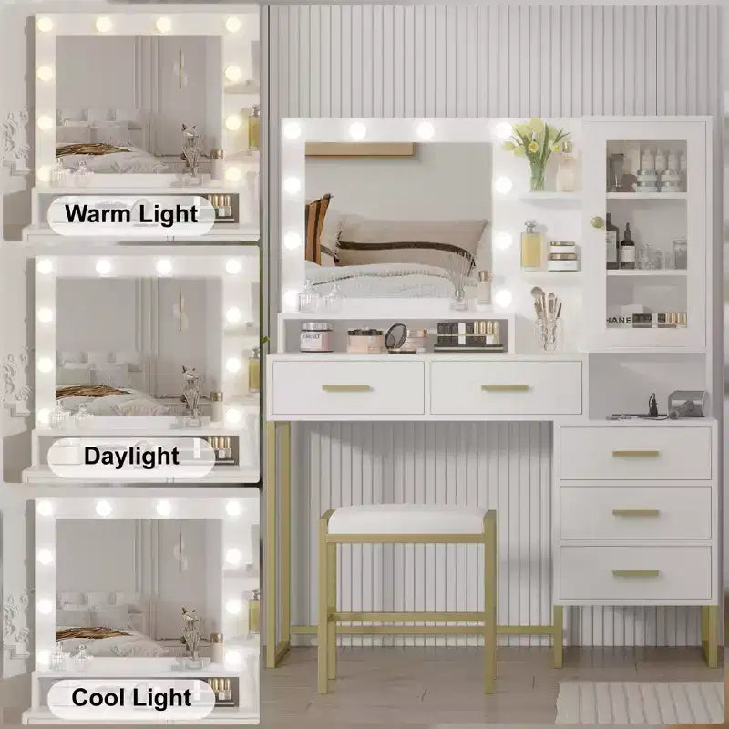 Makeup Vanity with Stool Charging Station, Vanity Desk with Mirror and Lights, Vanity Table Set with Storage Drawers Shelves, Makeup Dressing Table