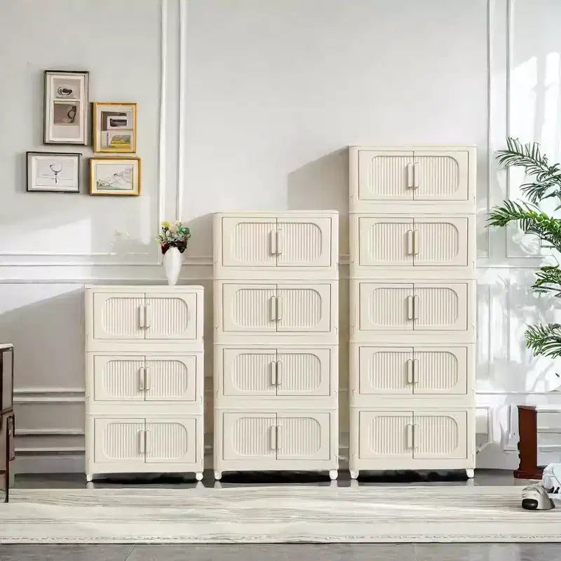 MAYEERTY 19.69 Armoire de rangement pliante en plastique à 3 niveaux avec porte magnétique et roulettes, blanc crème pour salon