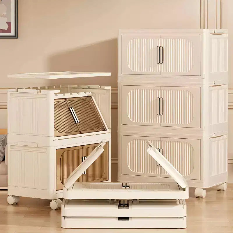 MAYEERTY 19.69 Armoire de rangement pliante en plastique à 3 niveaux avec porte magnétique et roulettes, blanc crème pour salon