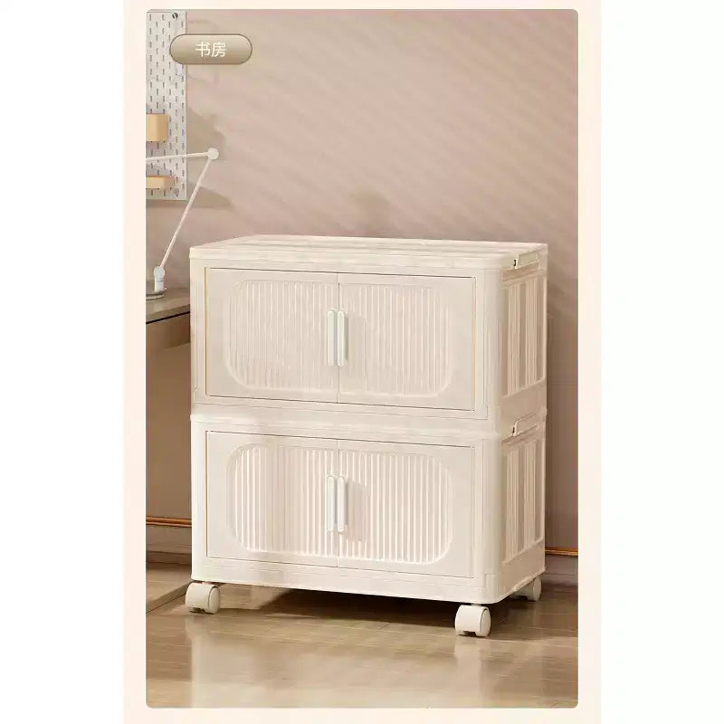 MAYEERTY 19.69 Armoire de rangement pliante en plastique à 3 niveaux avec porte magnétique et roulettes, blanc crème pour salon