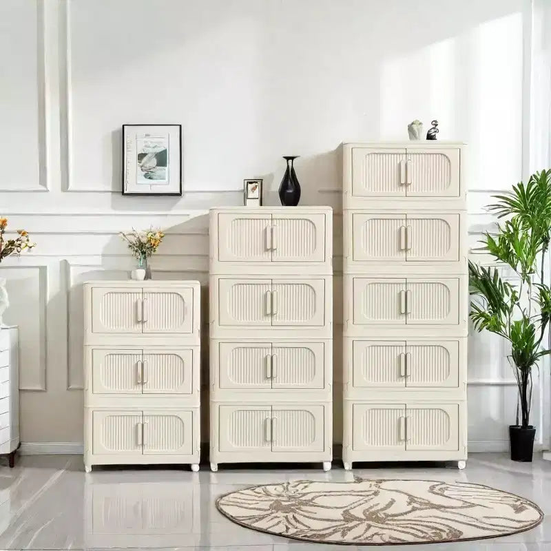 MAYEERTY 19.69 Armoire de rangement pliante en plastique à 3 niveaux avec porte magnétique et roulettes, blanc crème pour salon