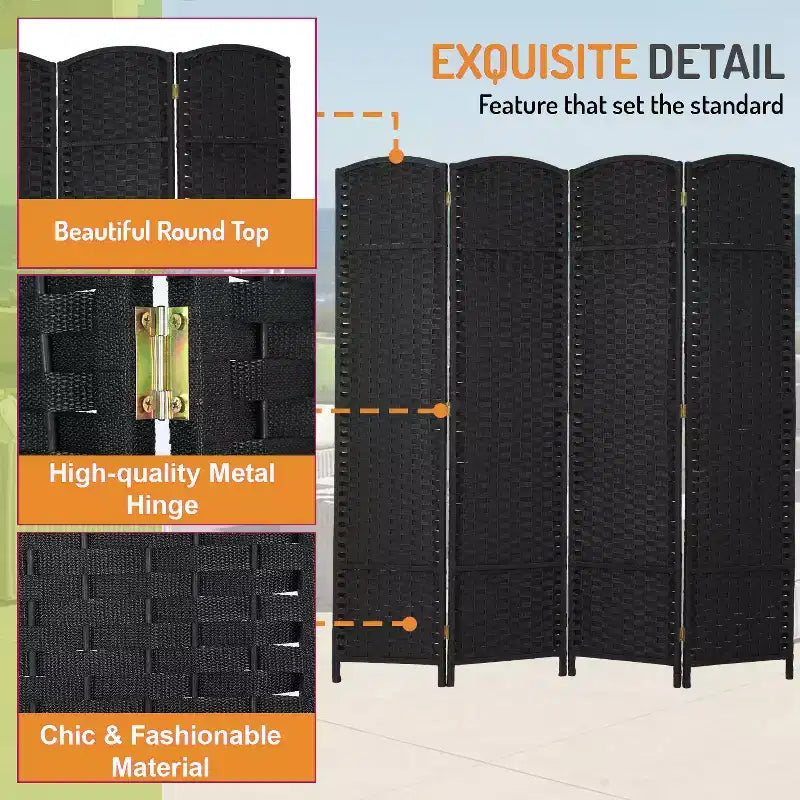FDW Round Top Woven Room Divider 4/6/8-Panel Foldable Partition Screen for Home Office
