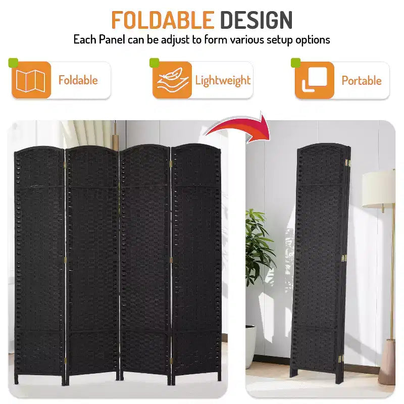 FDW Round Top Woven Room Divider 4/6/8-Panel Foldable Partition Screen for Home Office