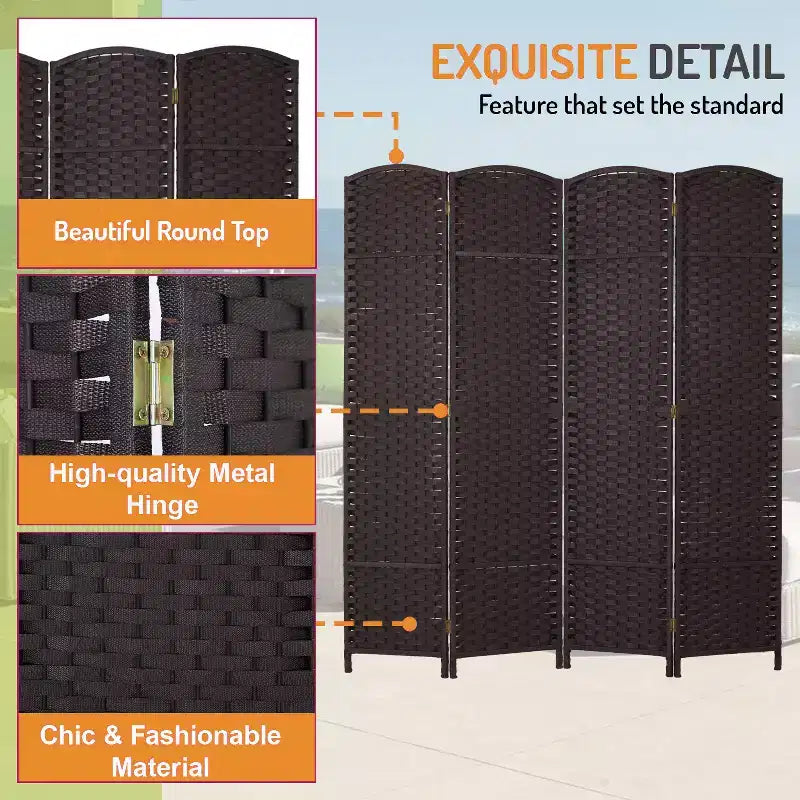 FDW Round Top Woven Room Divider 4/6/8-Panel Foldable Partition Screen for Home Office