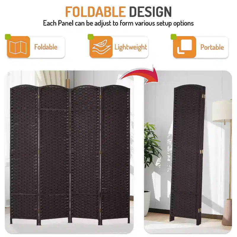 FDW Round Top Woven Room Divider 4/6/8-Panel Foldable Partition Screen for Home Office