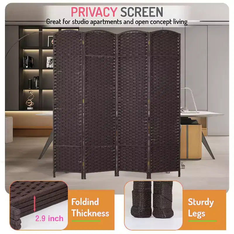 FDW Round Top Woven Room Divider 4/6/8-Panel Foldable Partition Screen for Home Office