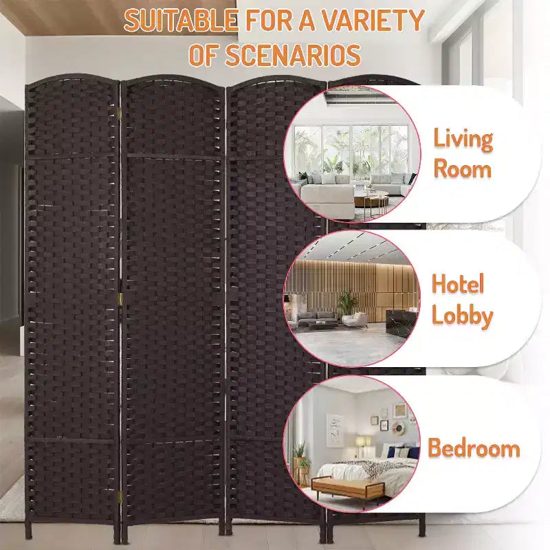 FDW Round Top Woven Room Divider 4/6/8-Panel Foldable Partition Screen for Home Office