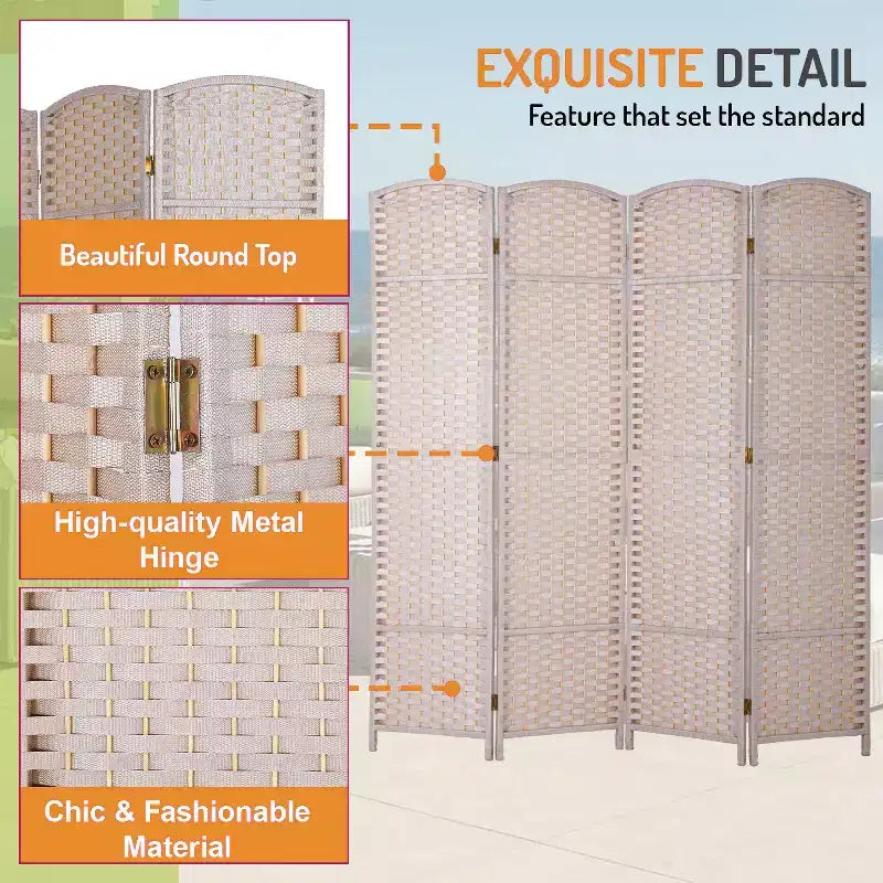 FDW Round Top Woven Room Divider 4/6/8-Panel Foldable Partition Screen for Home Office