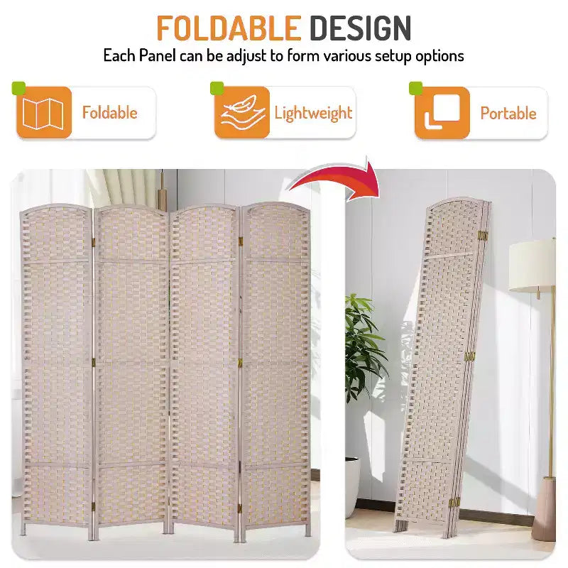 FDW Round Top Woven Room Divider 4/6/8-Panel Foldable Partition Screen for Home Office