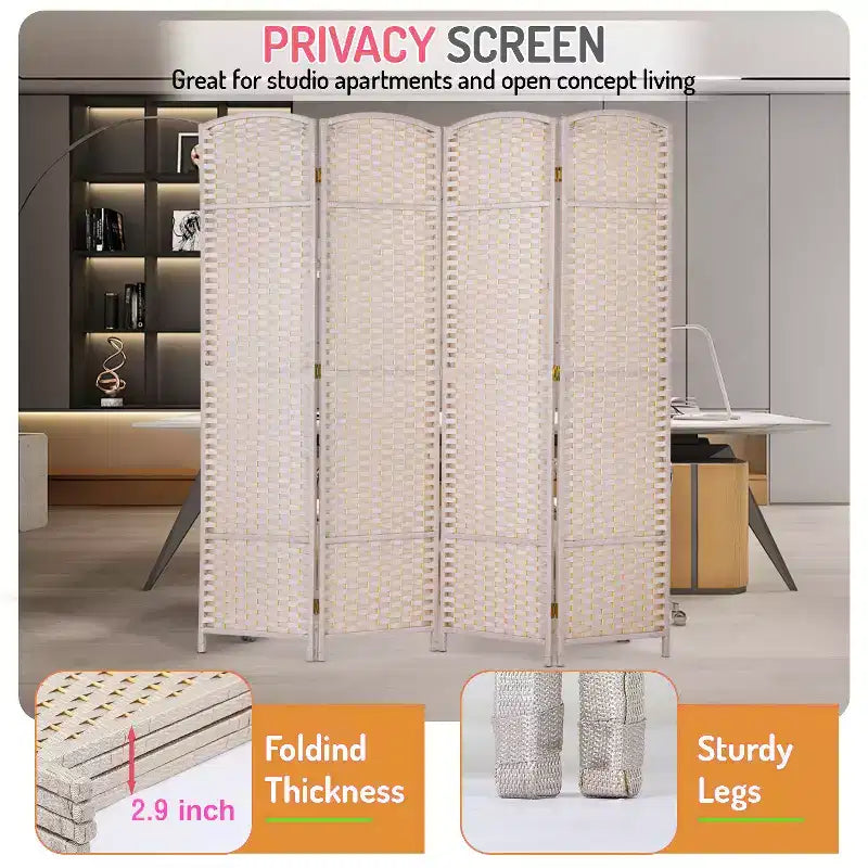 FDW Round Top Woven Room Divider 4/6/8-Panel Foldable Partition Screen for Home Office
