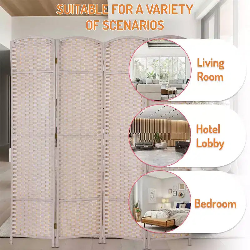 FDW Round Top Woven Room Divider 4/6/8-Panel Foldable Partition Screen for Home Office
