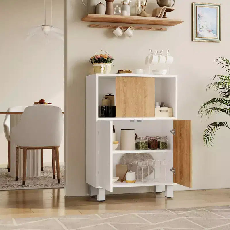 Wooden Storage Cabinet - Sideboard Buffet with Sliding Doors, Adjustable Shelves, Bathroom Floor Standing Cabinet, Bookshelf for Small Space, Corner