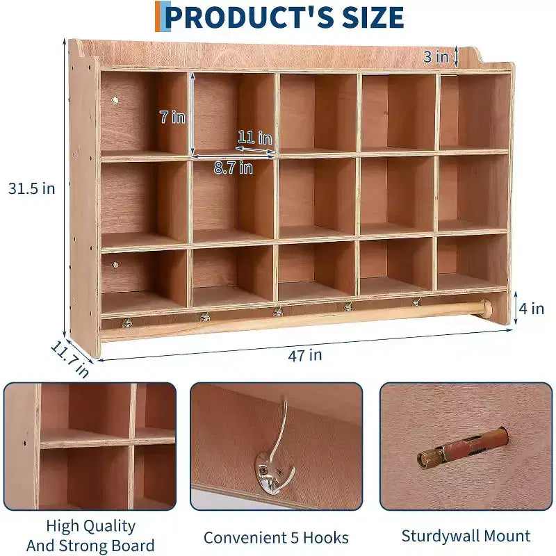GustoWave 15 Cubbies Storage Organizer with Hooks and Shelf for Kids Toys