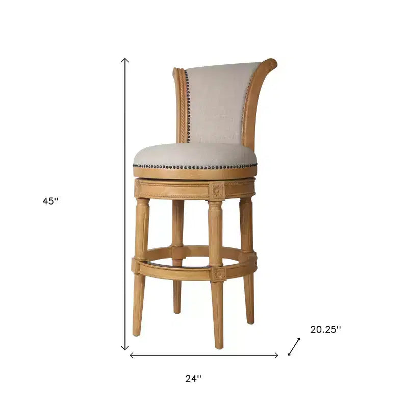 HomeRoots 30 Beige and Natural Fabric and Solid Wood Bar Height Swivel Bar Chair