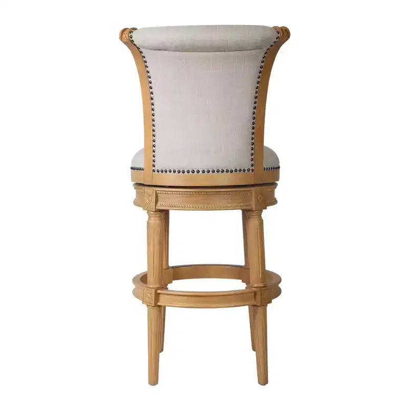HomeRoots 30 Beige and Natural Fabric and Solid Wood Bar Height Swivel Bar Chair