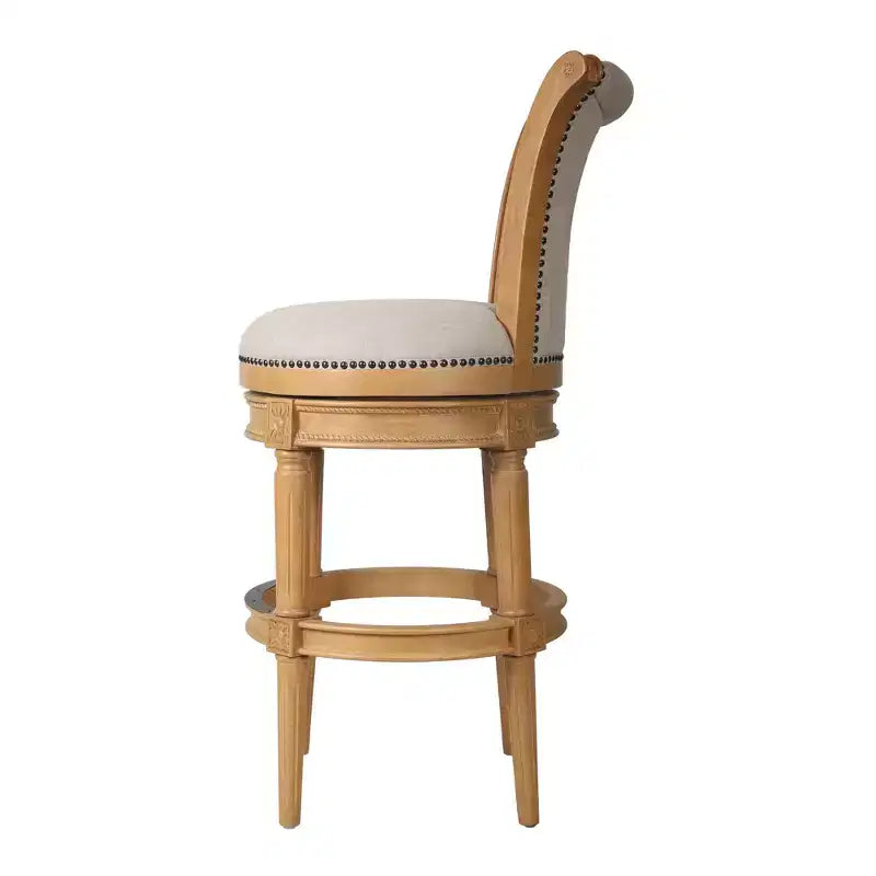 HomeRoots 30 Beige and Natural Fabric and Solid Wood Bar Height Swivel Bar Chair