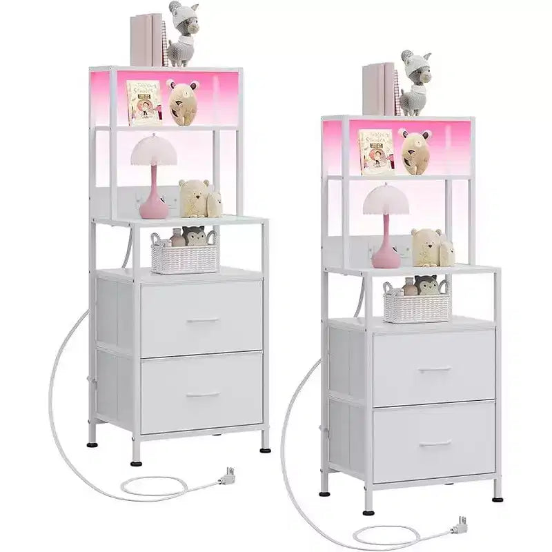 GALAXHERO Tables de chevet, lot de 2 avec station de recharge, table de chevet LED avec 2 tiroirs en tissu, commode de rangement, table de nuit moderne avec lumières Bluetooth