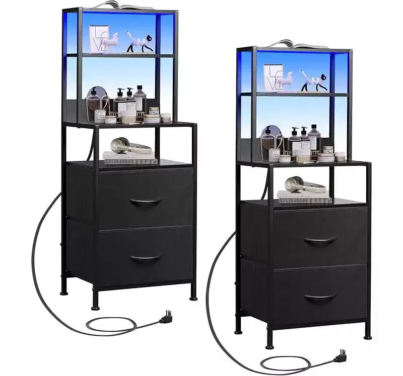 GALAXHERO Tables de chevet, lot de 2 avec station de recharge, table de chevet LED avec 2 tiroirs en tissu, commode de rangement, table de nuit moderne avec lumières Bluetooth