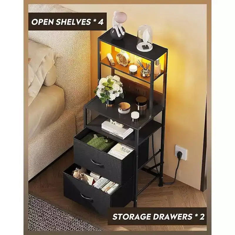 GALAXHERO Tables de chevet, lot de 2 avec station de recharge, table de chevet LED avec 2 tiroirs en tissu, commode de rangement, table de nuit moderne avec lumières Bluetooth