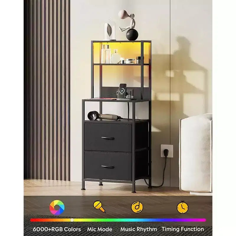GALAXHERO Tables de chevet, lot de 2 avec station de recharge, table de chevet LED avec 2 tiroirs en tissu, commode de rangement, table de nuit moderne avec lumières Bluetooth