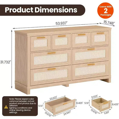 Commode 8 tiroirs en rotin Acekool, meuble de rangement bohème moderne avec façades tissées et organisateurs de rangement pour chambre, couloir, salon - Naturel