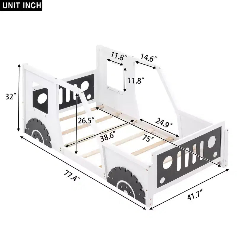 Okak Twin/Full Platform Bed Frame with Wheels Classic Car-Shaped Bed with Rails for Kids Noise-Free Strong Wood Slats Easy Assembly, White