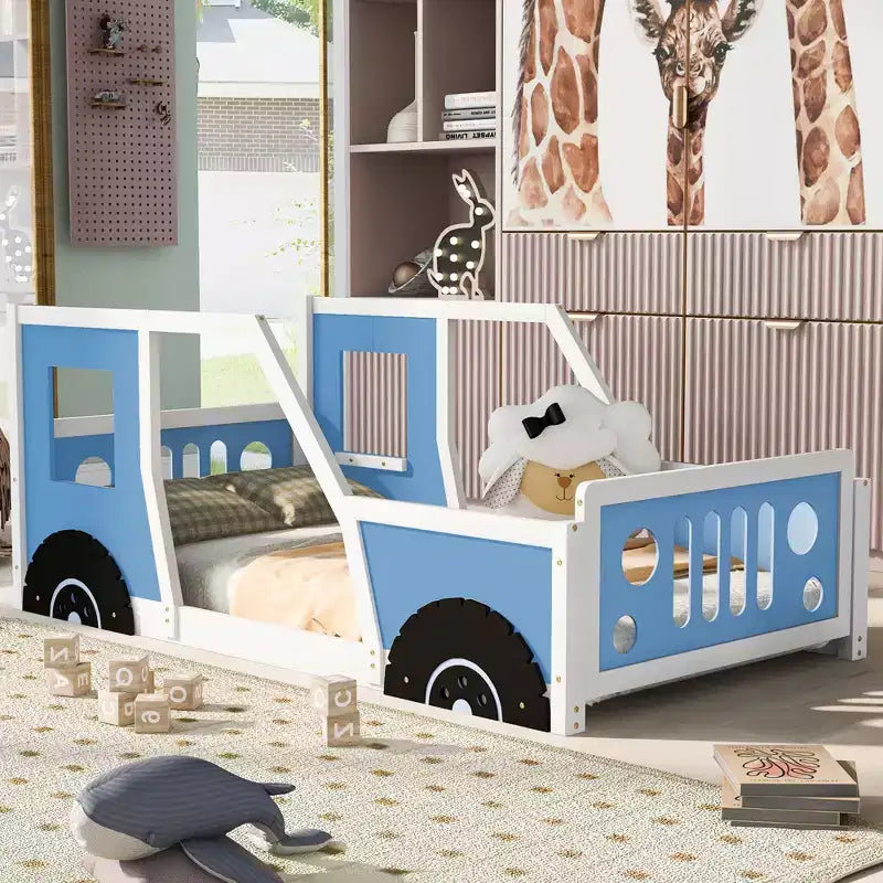Okak Twin/Full Platform Bed Frame with Wheels Classic Car-Shaped Bed with Rails for Kids Noise-Free Strong Wood Slats Easy Assembly, White