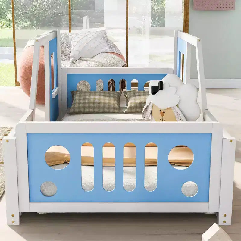 Okak Twin/Full Platform Bed Frame with Wheels Classic Car-Shaped Bed with Rails for Kids Noise-Free Strong Wood Slats Easy Assembly, White