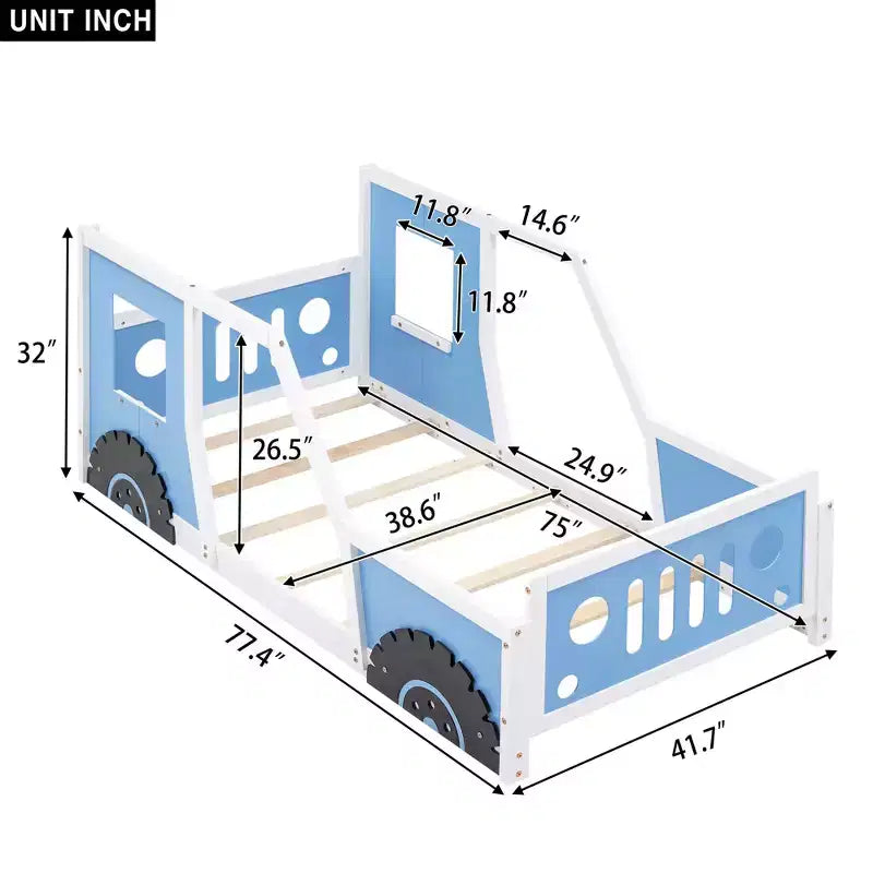 Okak Twin/Full Platform Bed Frame with Wheels Classic Car-Shaped Bed with Rails for Kids Noise-Free Strong Wood Slats Easy Assembly, White