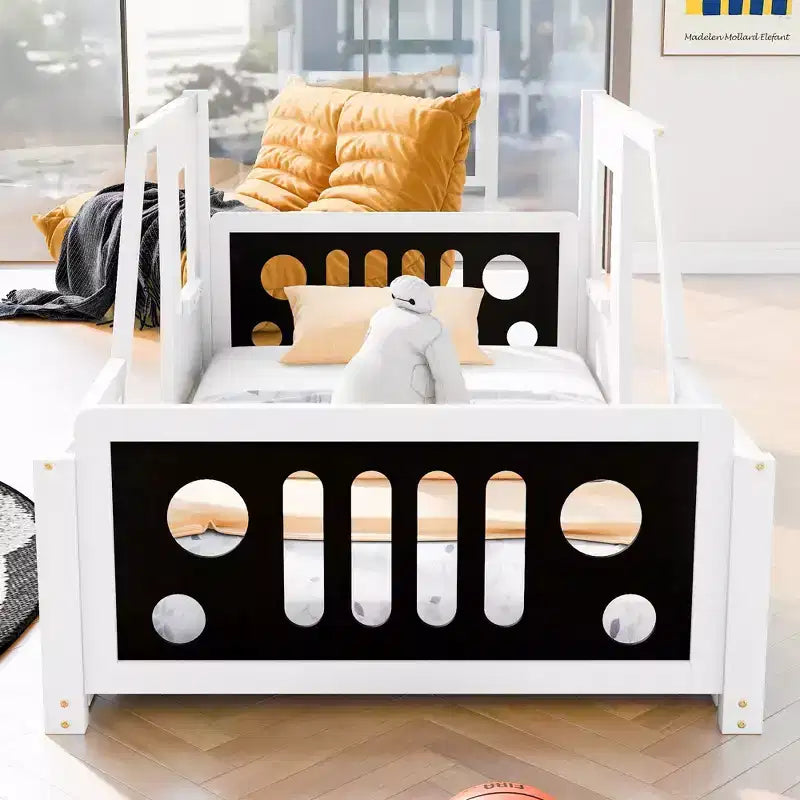 Okak Twin/Full Platform Bed Frame with Wheels Classic Car-Shaped Bed with Rails for Kids Noise-Free Strong Wood Slats Easy Assembly, White