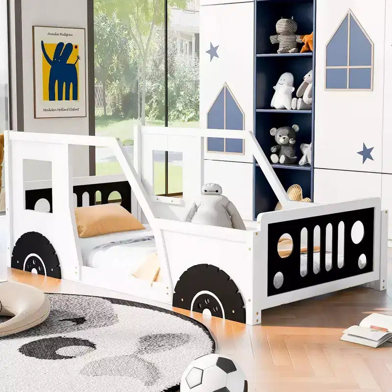 Okak Twin/Full Platform Bed Frame with Wheels Classic Car-Shaped Bed with Rails for Kids Noise-Free Strong Wood Slats Easy Assembly, White