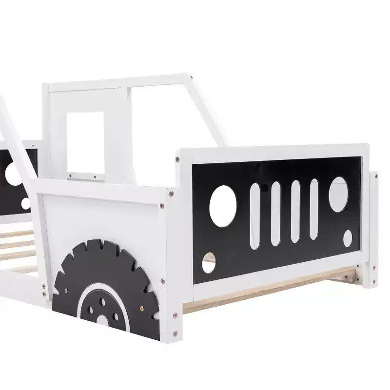 Okak Twin/Full Platform Bed Frame with Wheels Classic Car-Shaped Bed with Rails for Kids Noise-Free Strong Wood Slats Easy Assembly, White