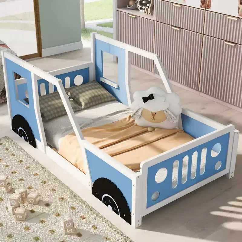 Okak Twin/Full Platform Bed Frame with Wheels Classic Car-Shaped Bed with Rails for Kids Noise-Free Strong Wood Slats Easy Assembly, White